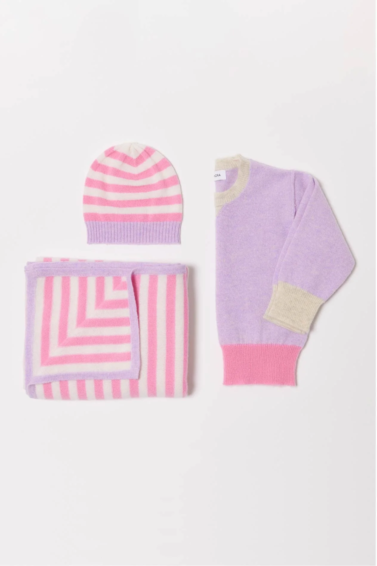 Baby Cashmere Beanie in Lavender, Pink White Stripe - Image 2