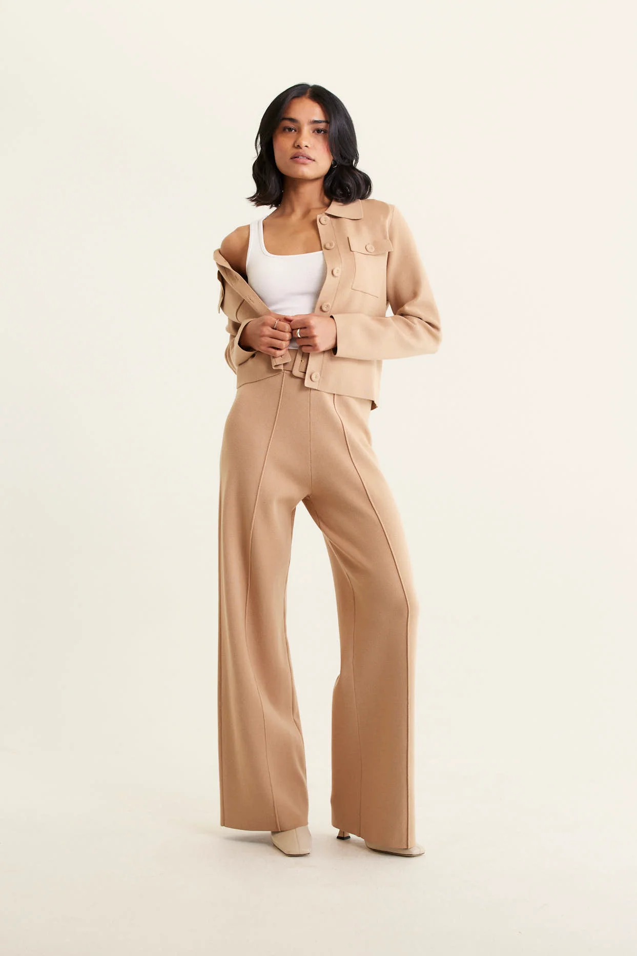 Carter Crepe Knit Jacket In Tan - Image 7