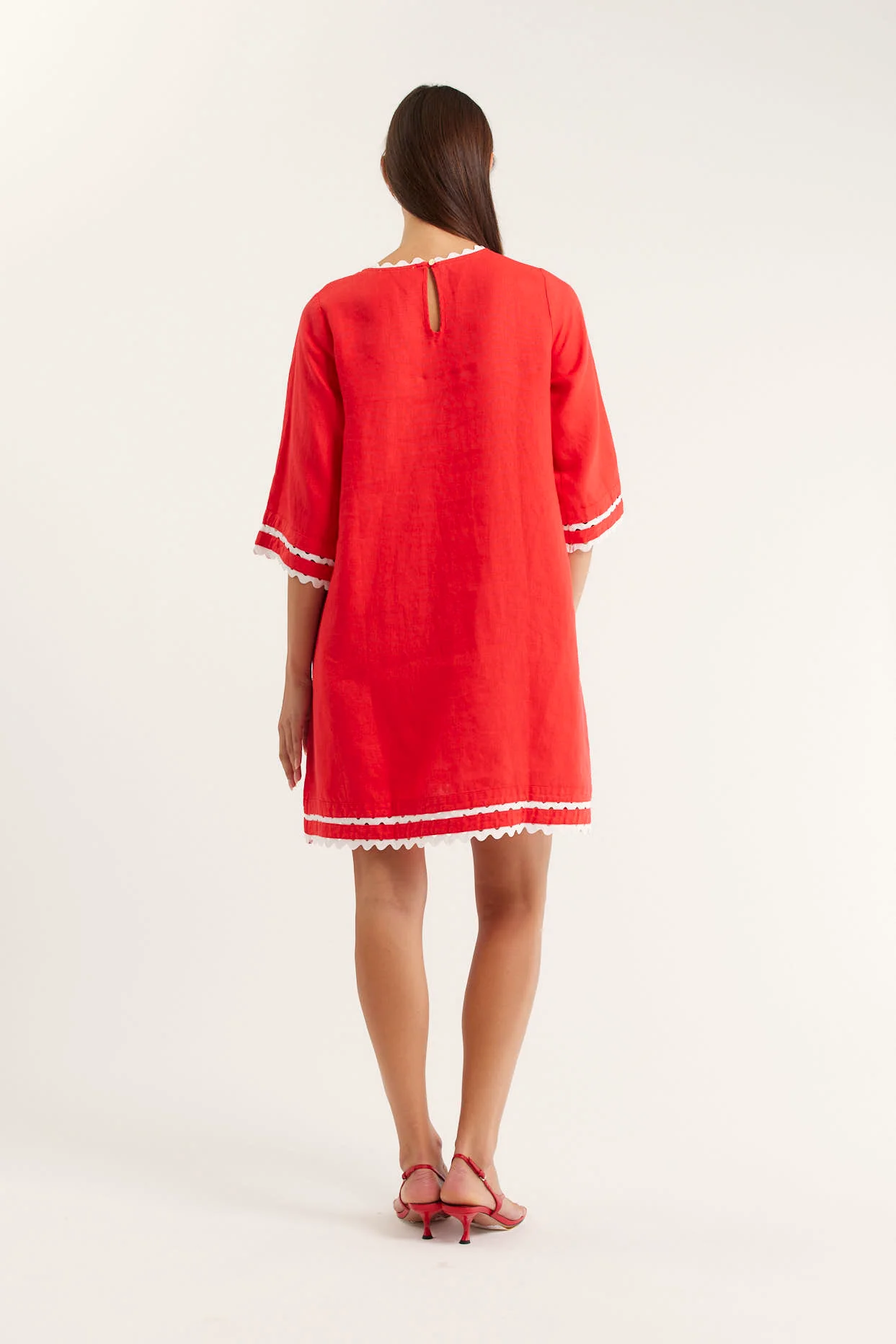 Claire Linen Dress In Red/White - Image 3