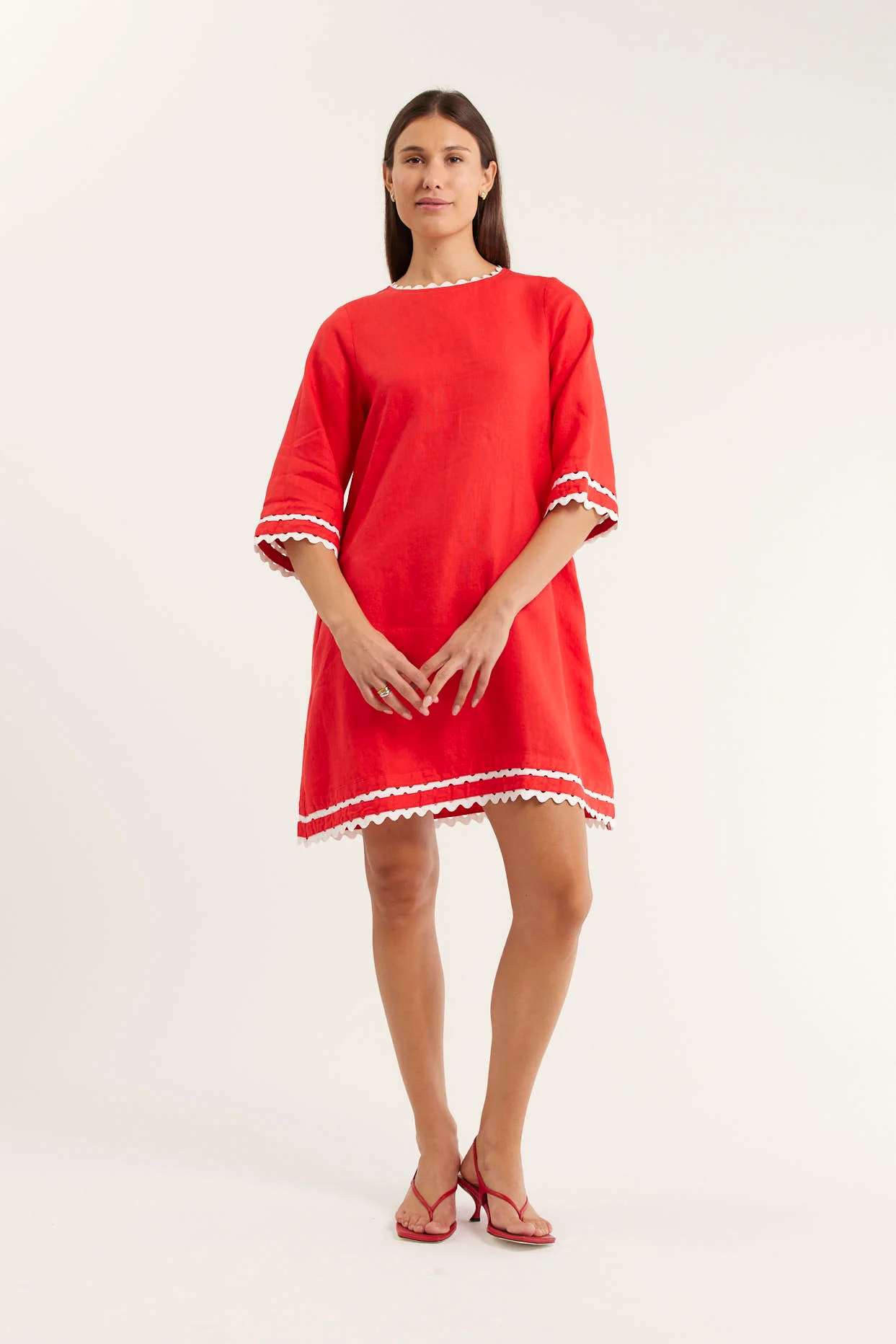 Claire Linen Dress In Red/White - Image 4