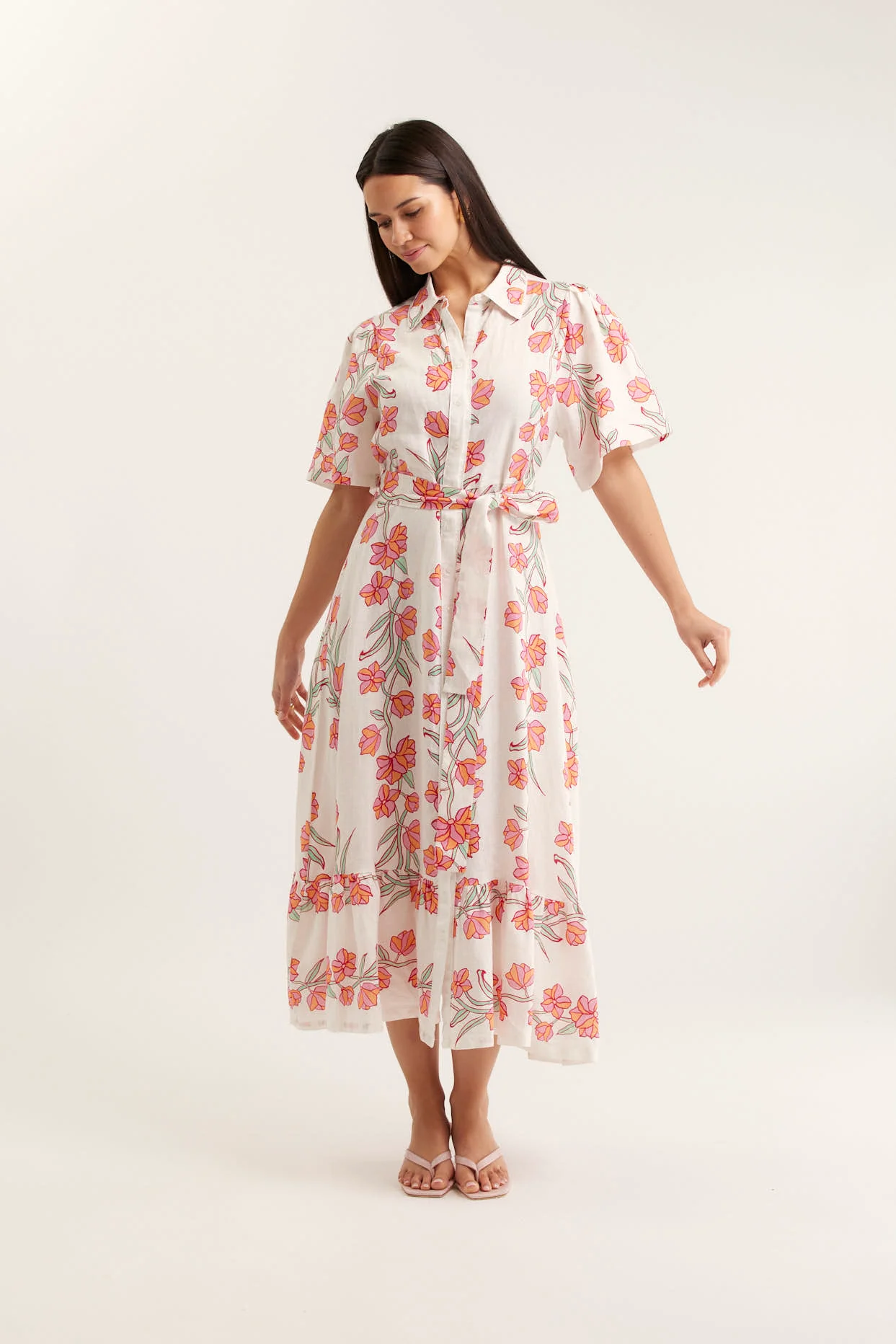 Emma Linen Dress In Pink Vine Print - Image 3