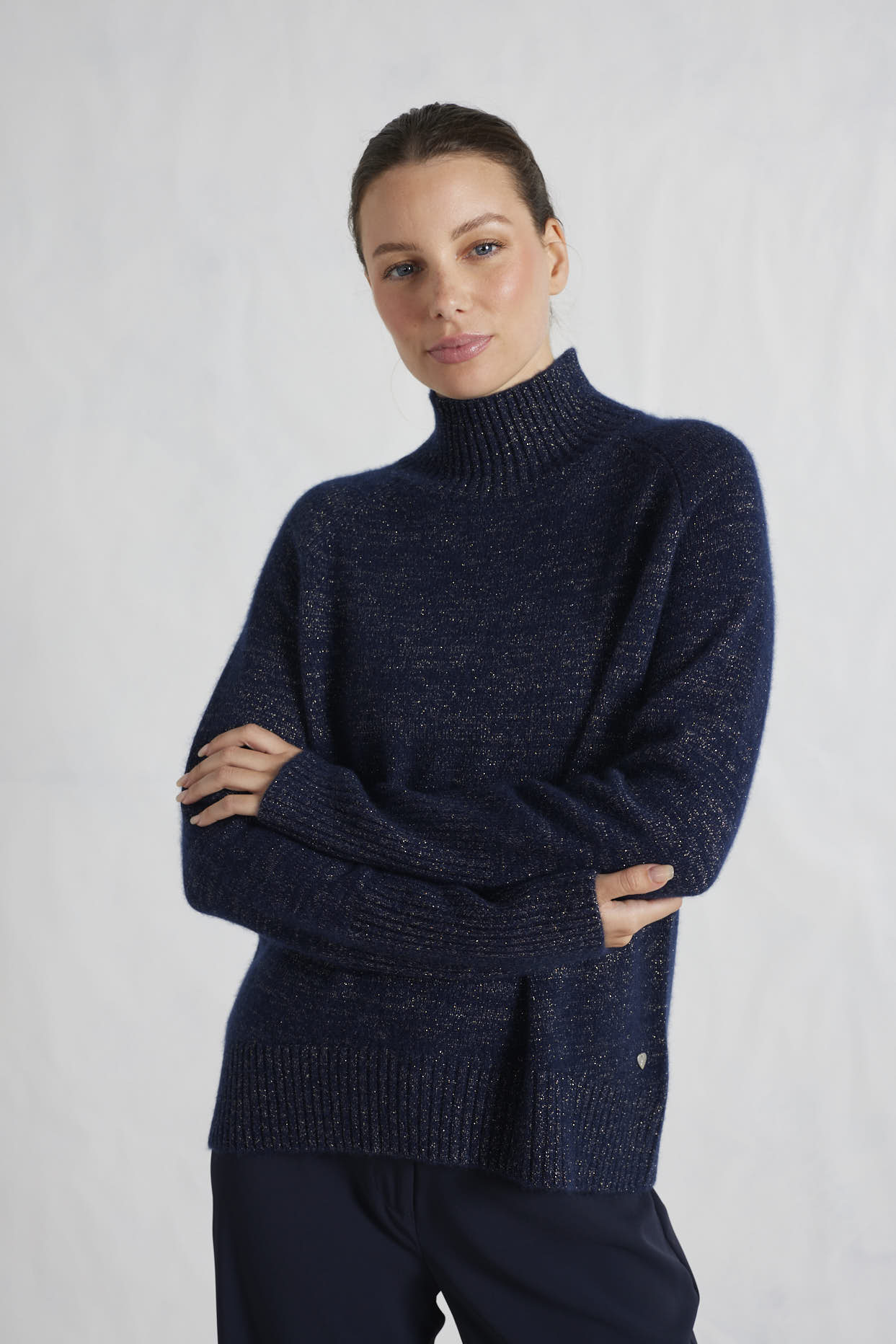 Fifi Polo Cashmere Sweater in Navy Lurex - Image 3