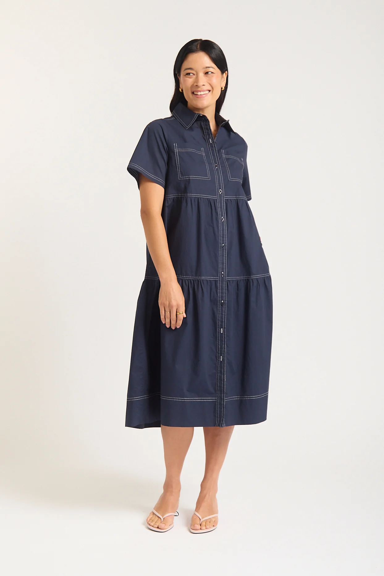 Hazel Poplin Midi Dress In Navy - Image 3