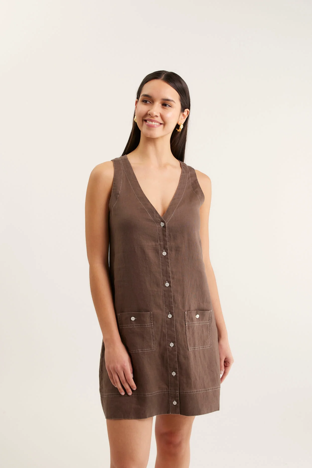 Tani Linen Dress In Choc/White - Image 2
