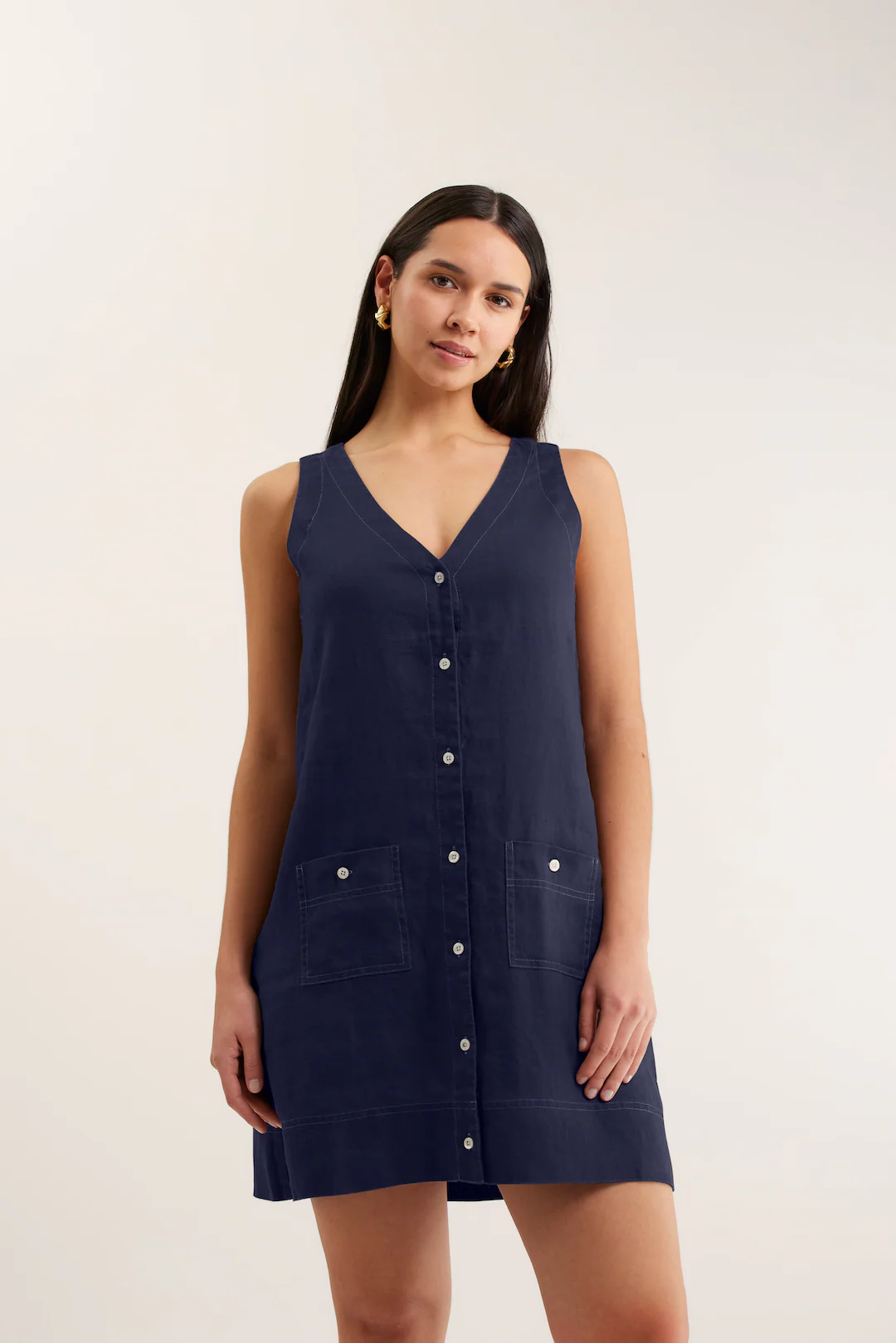 Tani Linen Dress In Navy/White - Image 2