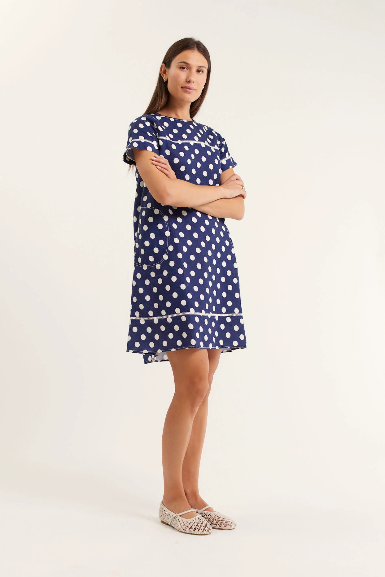 Laine Polkadot Linen Dress In Navy - Image 3