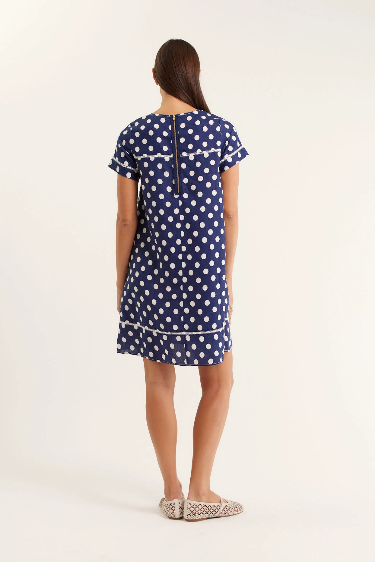 Laine Polkadot Linen Dress In Navy - Image 4