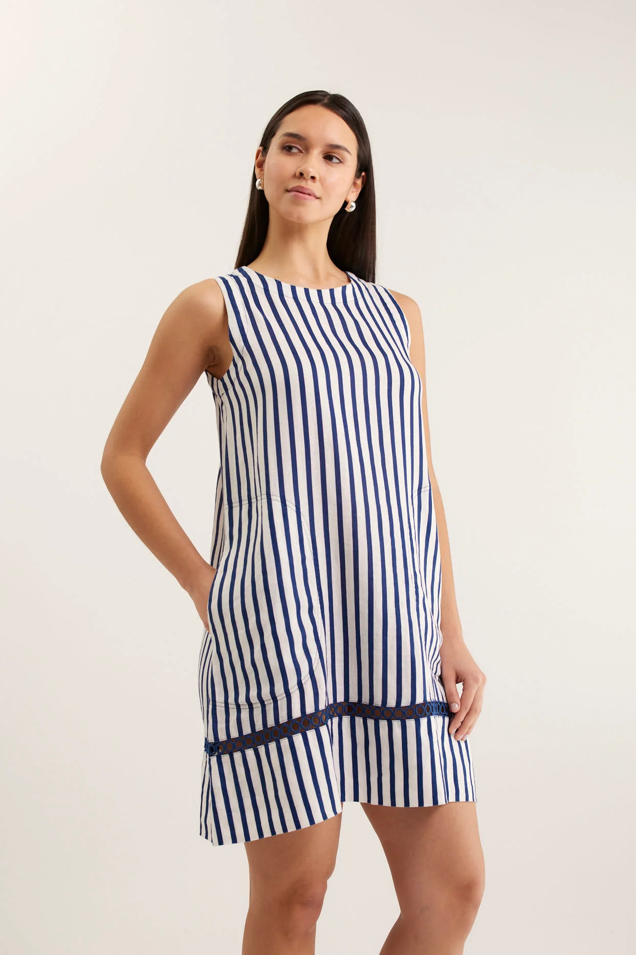 Ginger Breton Linen Dress In Navy/White - Image 4