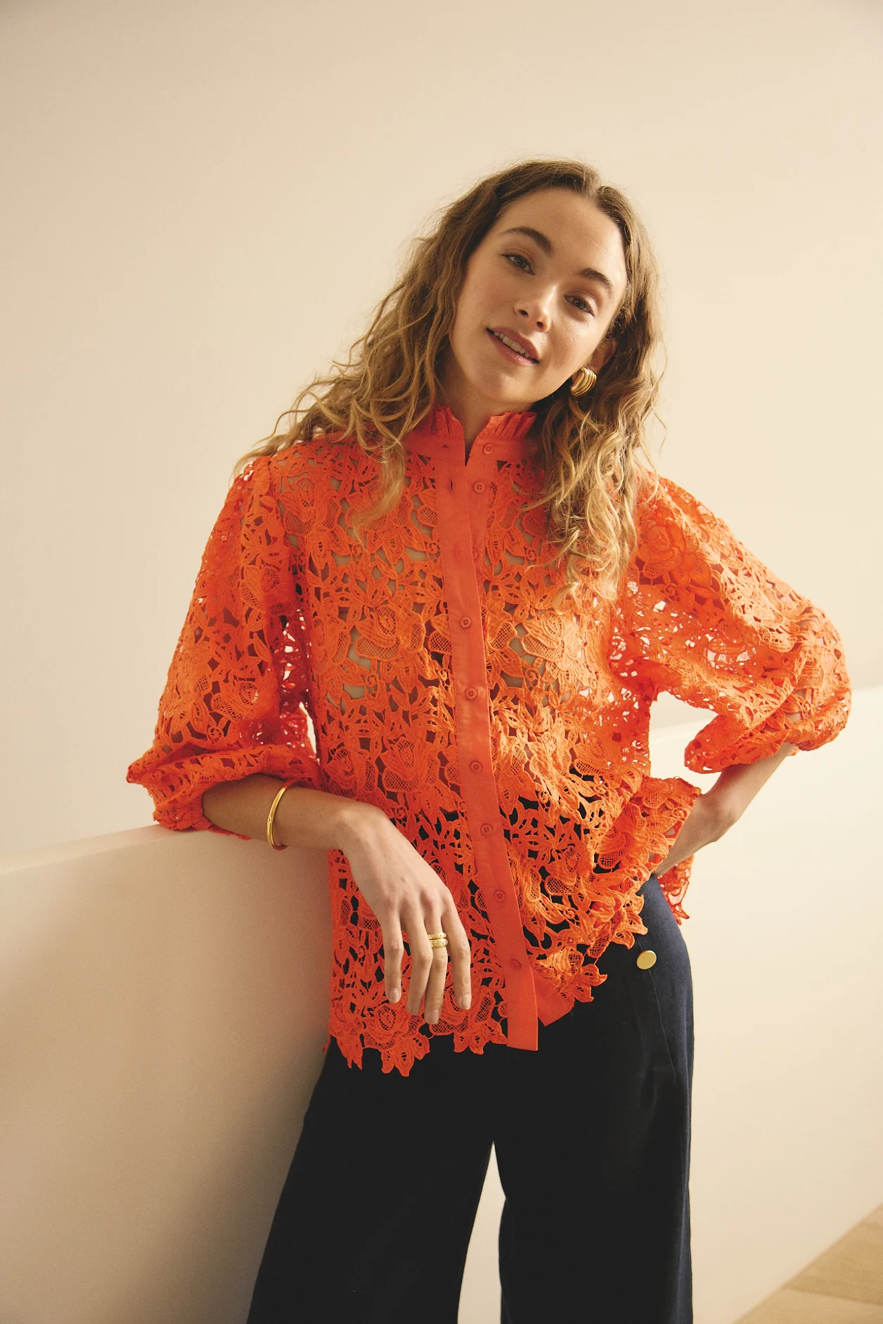 Lume Lace Shirt  In Tangerine - Image 2