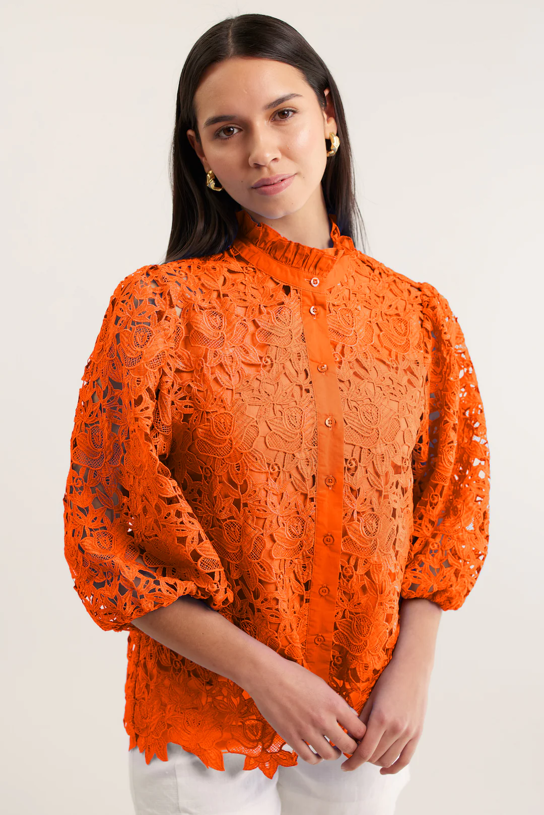 Lume Lace Shirt  In Tangerine - Image 3