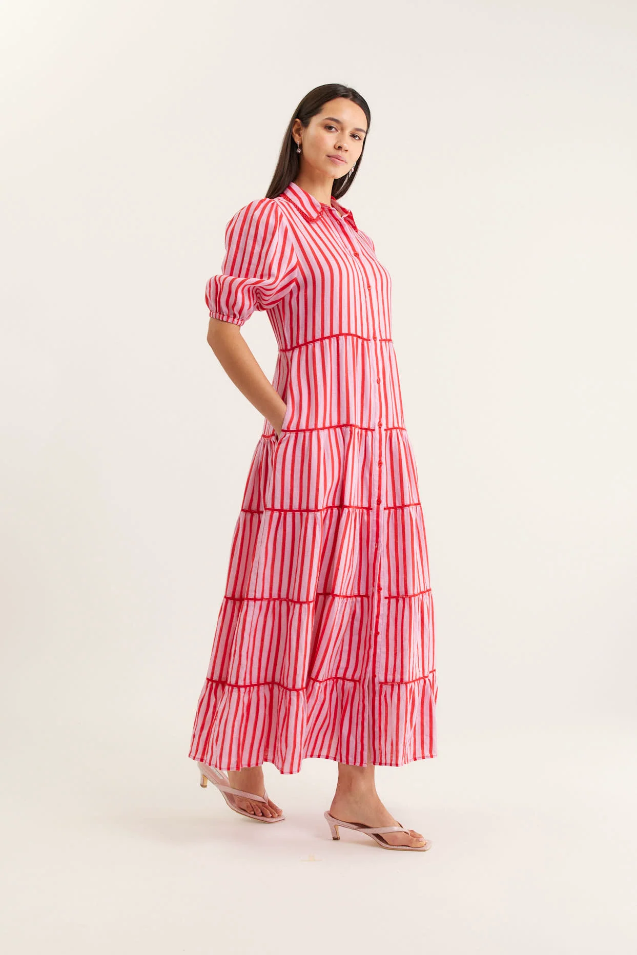 Marlow Breton Linen Dress In Pink/Red - Image 3