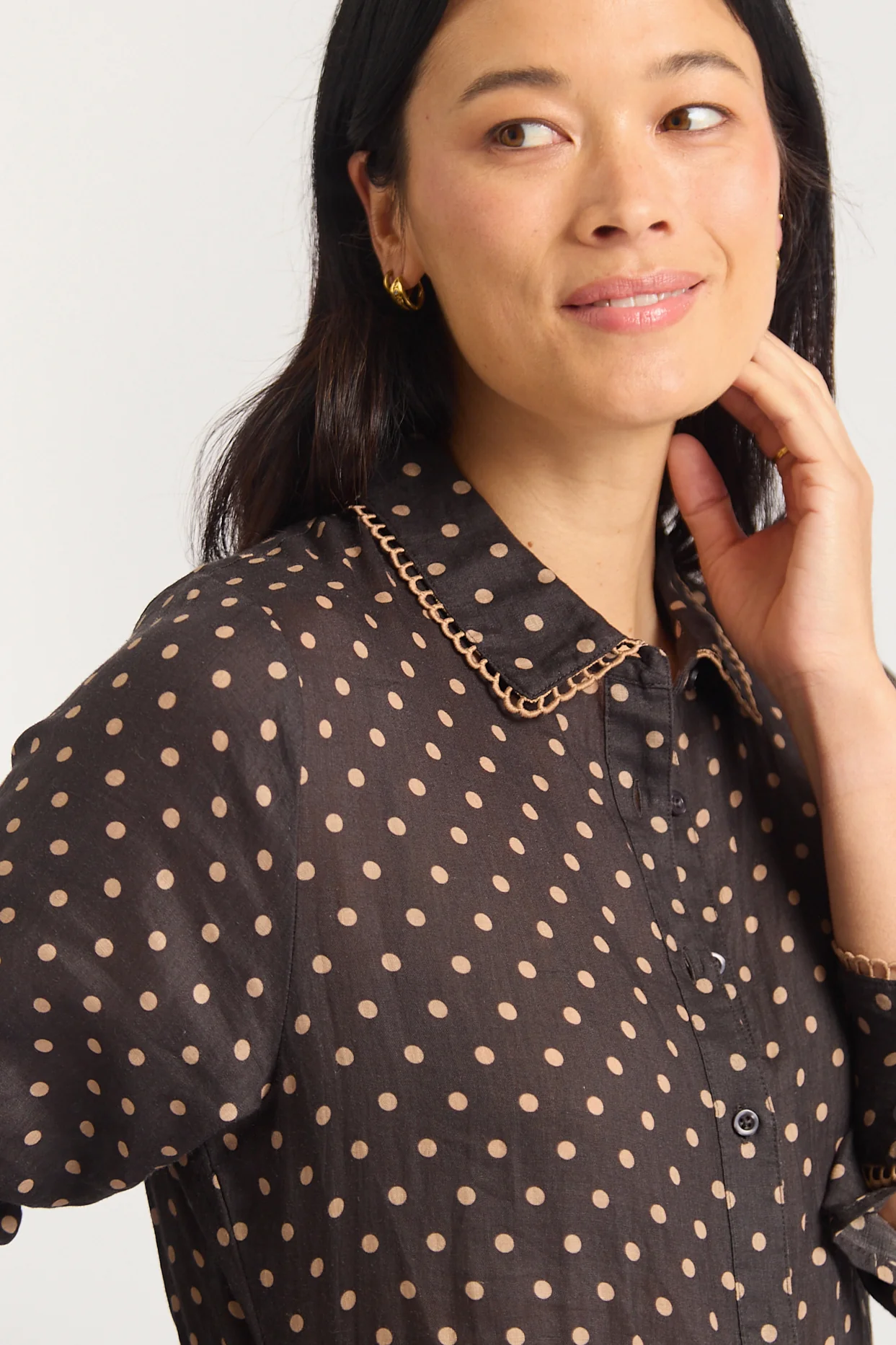 Long Sleeve Marlow Ramie Dress In Choc/Beige Spot - Image 3