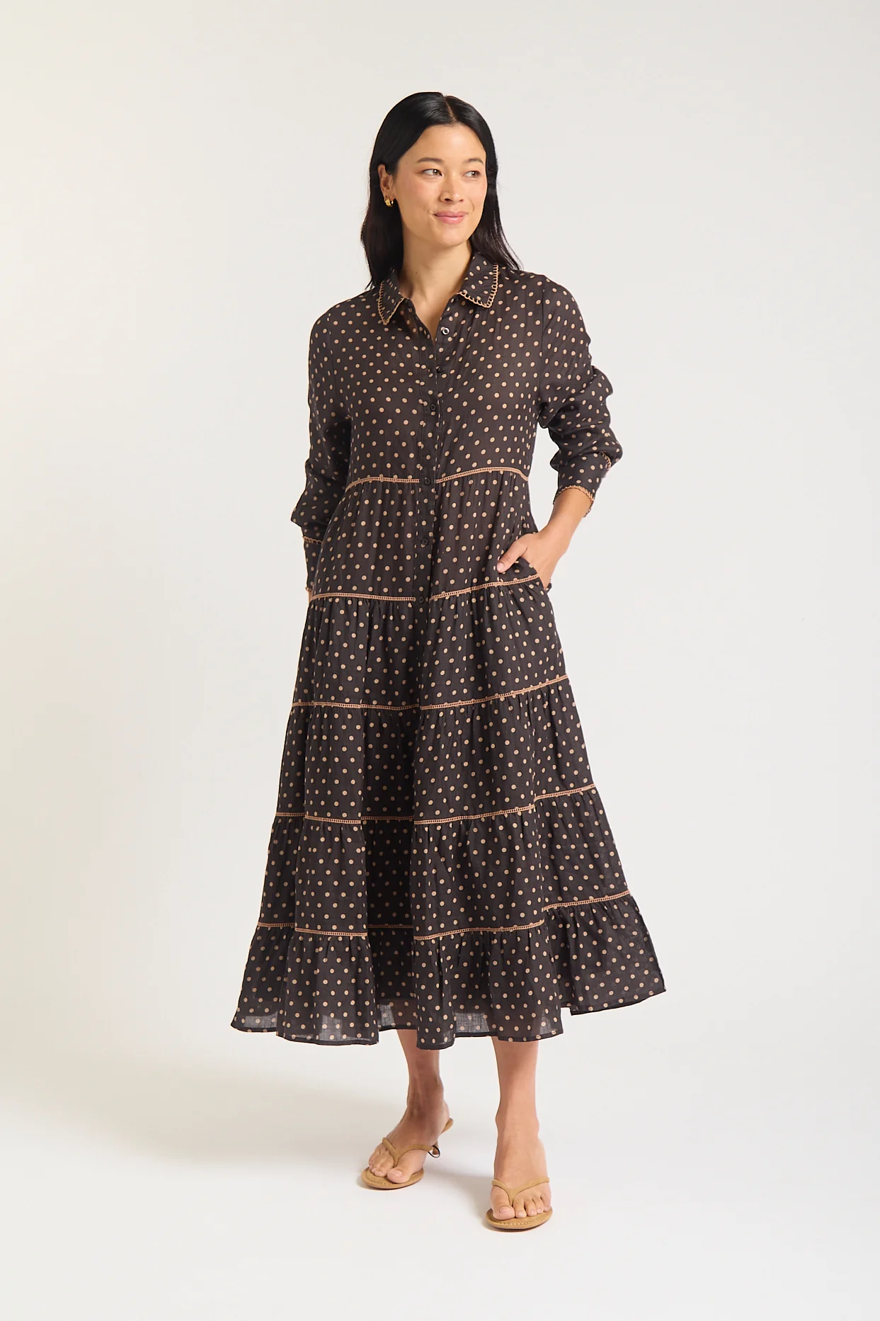 Long Sleeve Marlow Ramie Dress In Choc/Beige Spot - Image 4