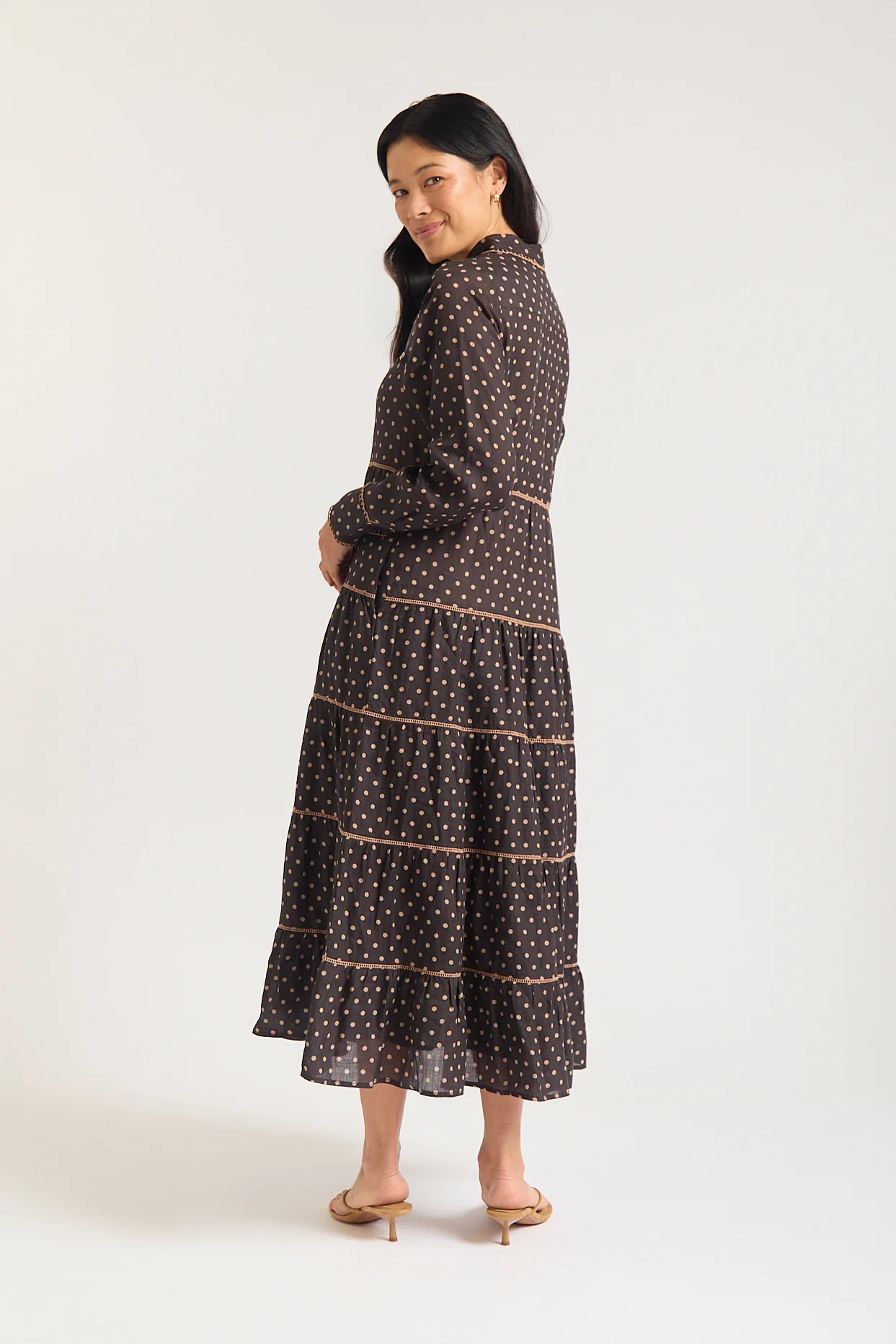 Long Sleeve Marlow Ramie Dress In Choc/Beige Spot - Image 5