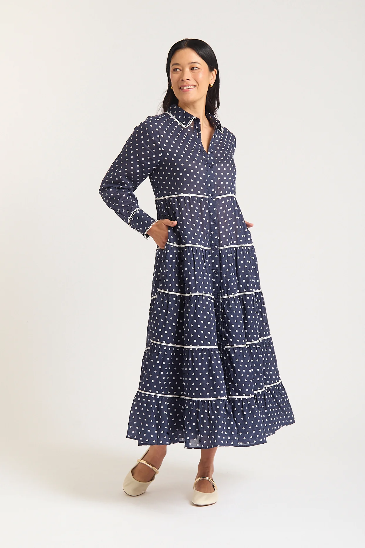 Long Sleeve Marlow Ramie Dress In Navy/Ivory Spot - Image 3