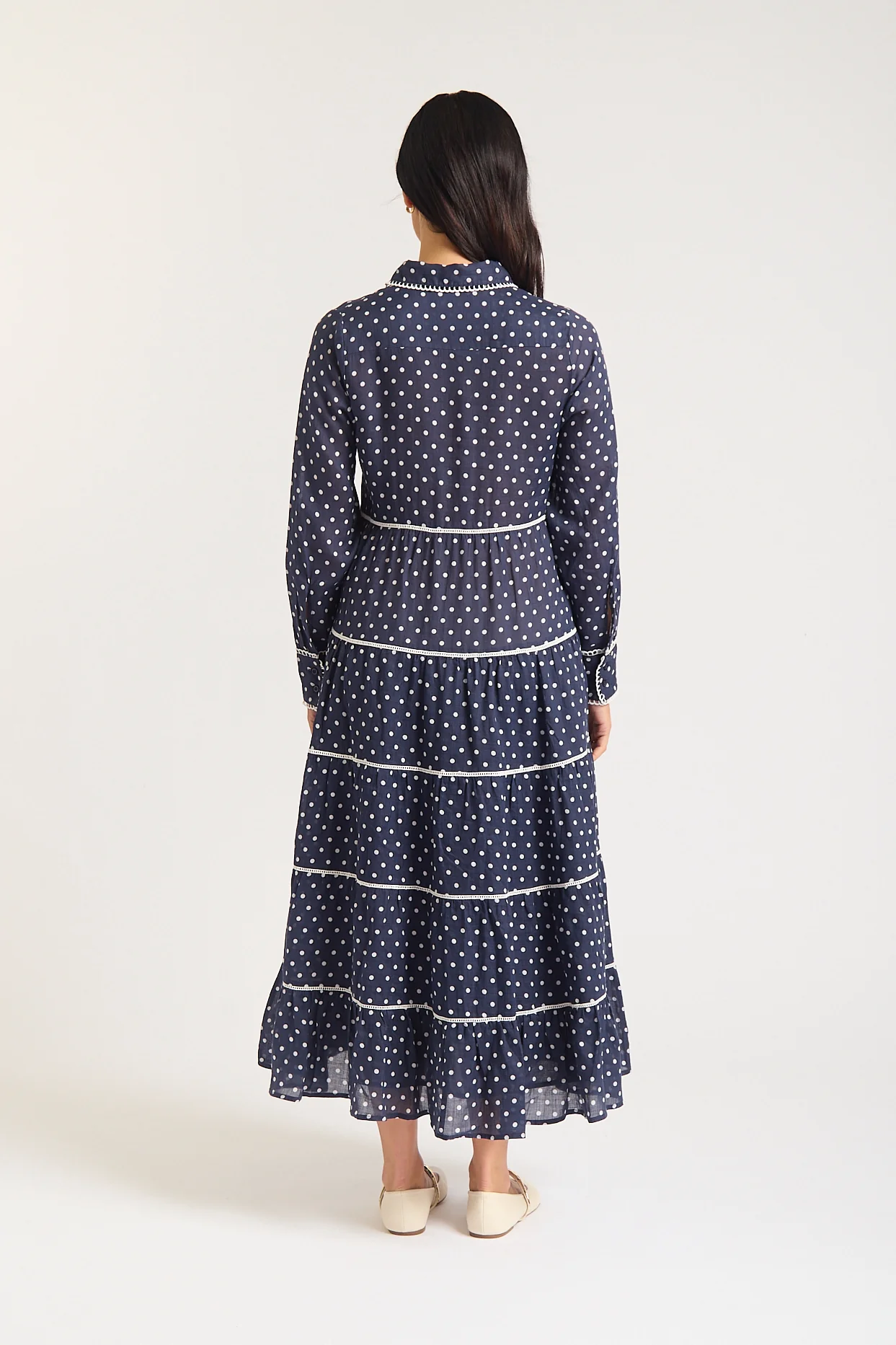 Long Sleeve Marlow Ramie Dress In Navy/Ivory Spot - Image 5