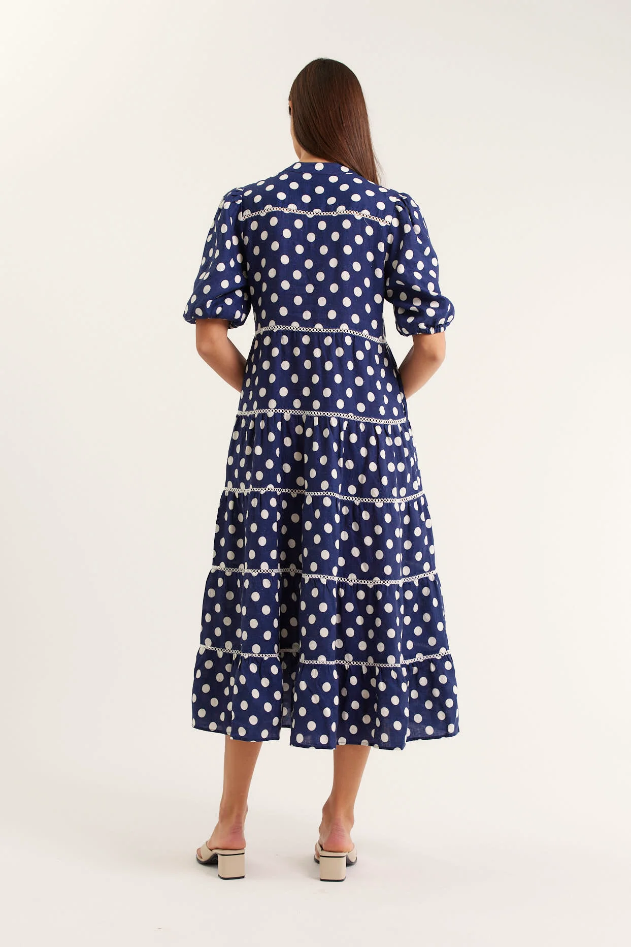Martina Polkadot Linen Dress In Navy - Image 3