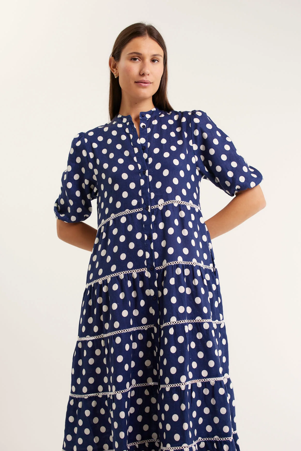 Martina Polkadot Linen Dress In Navy - Image 4