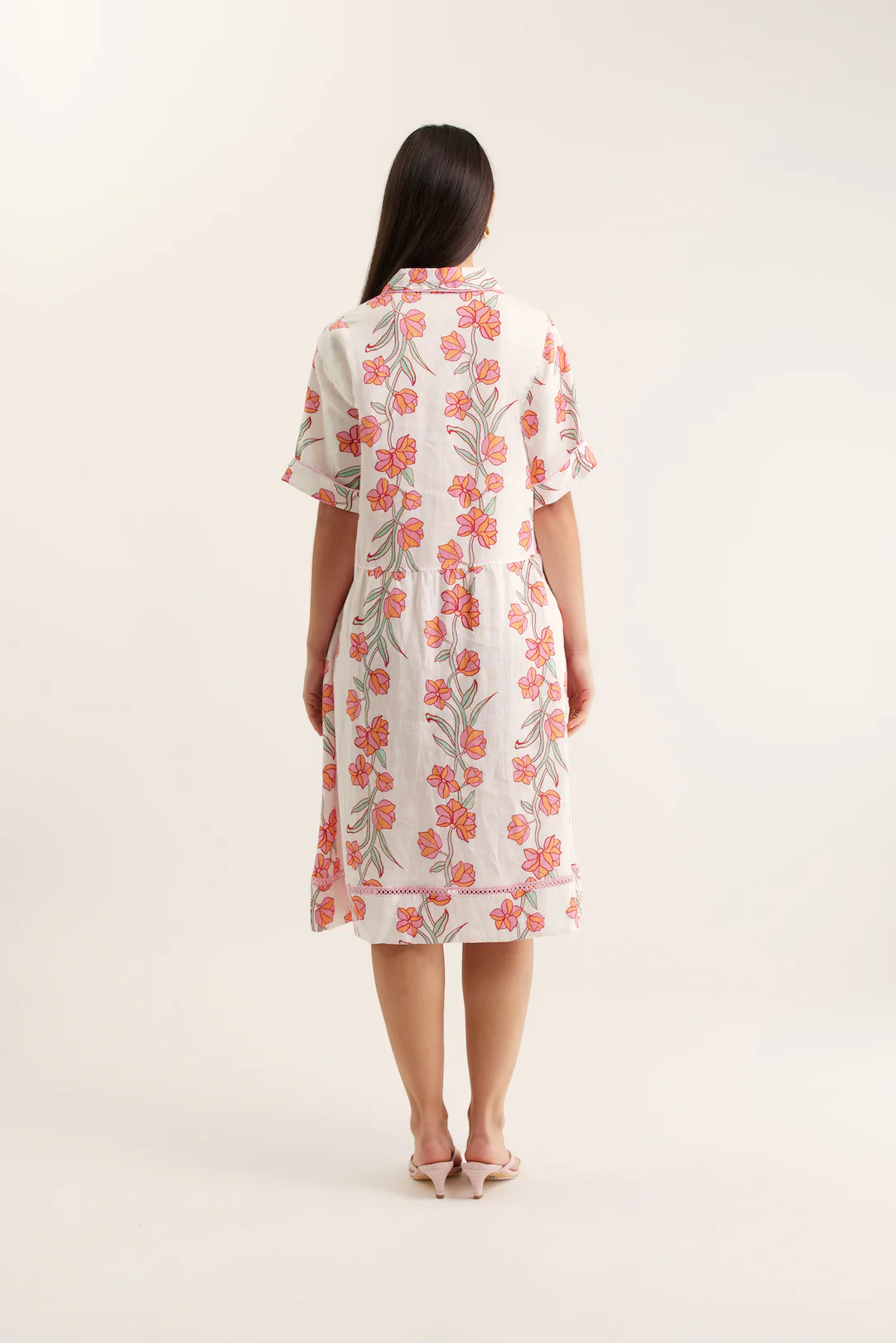 Maxine Linen Dress In Pink Vine Print - Image 3
