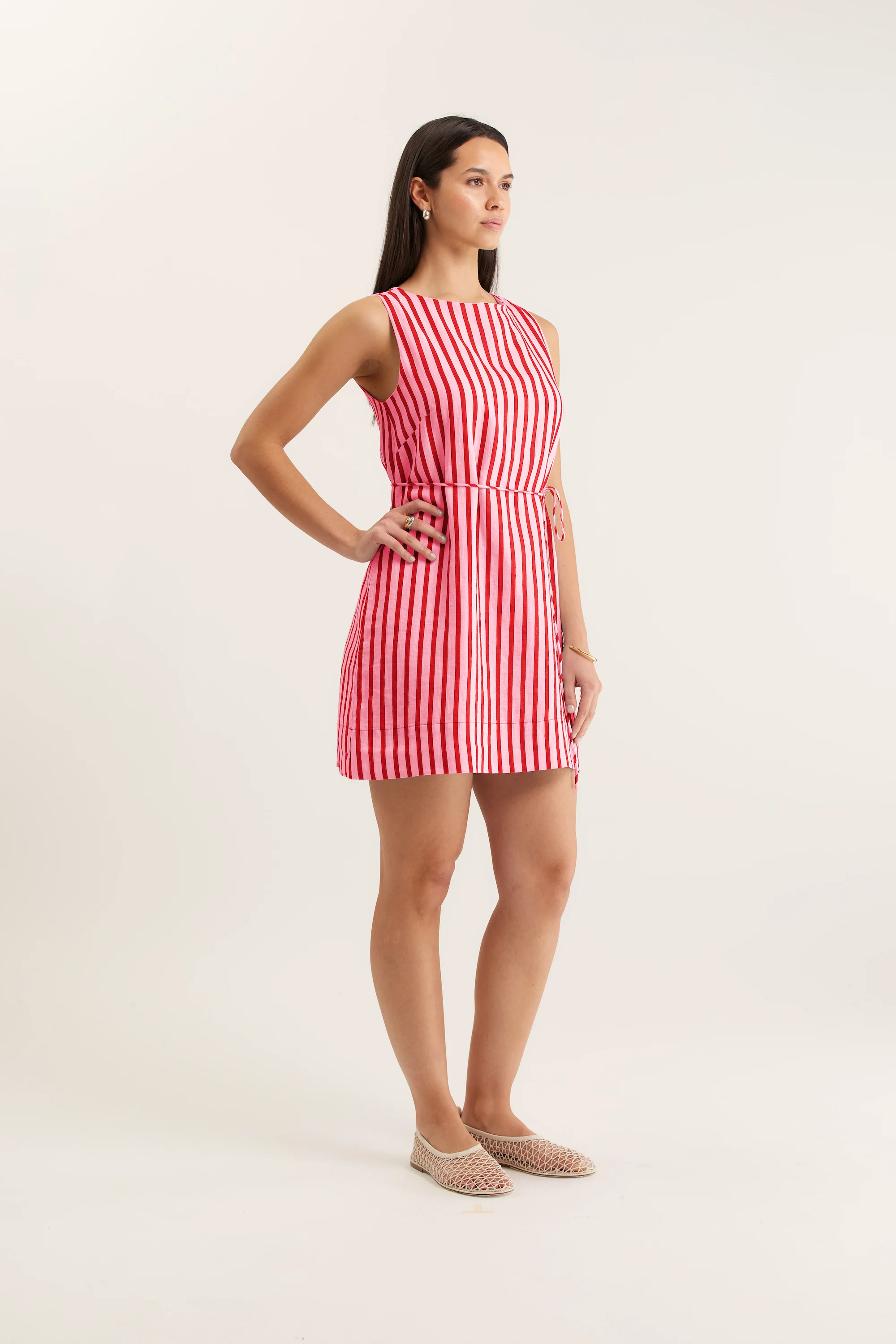 Rommy Breton Linen Dress In Pink/Red - Image 3