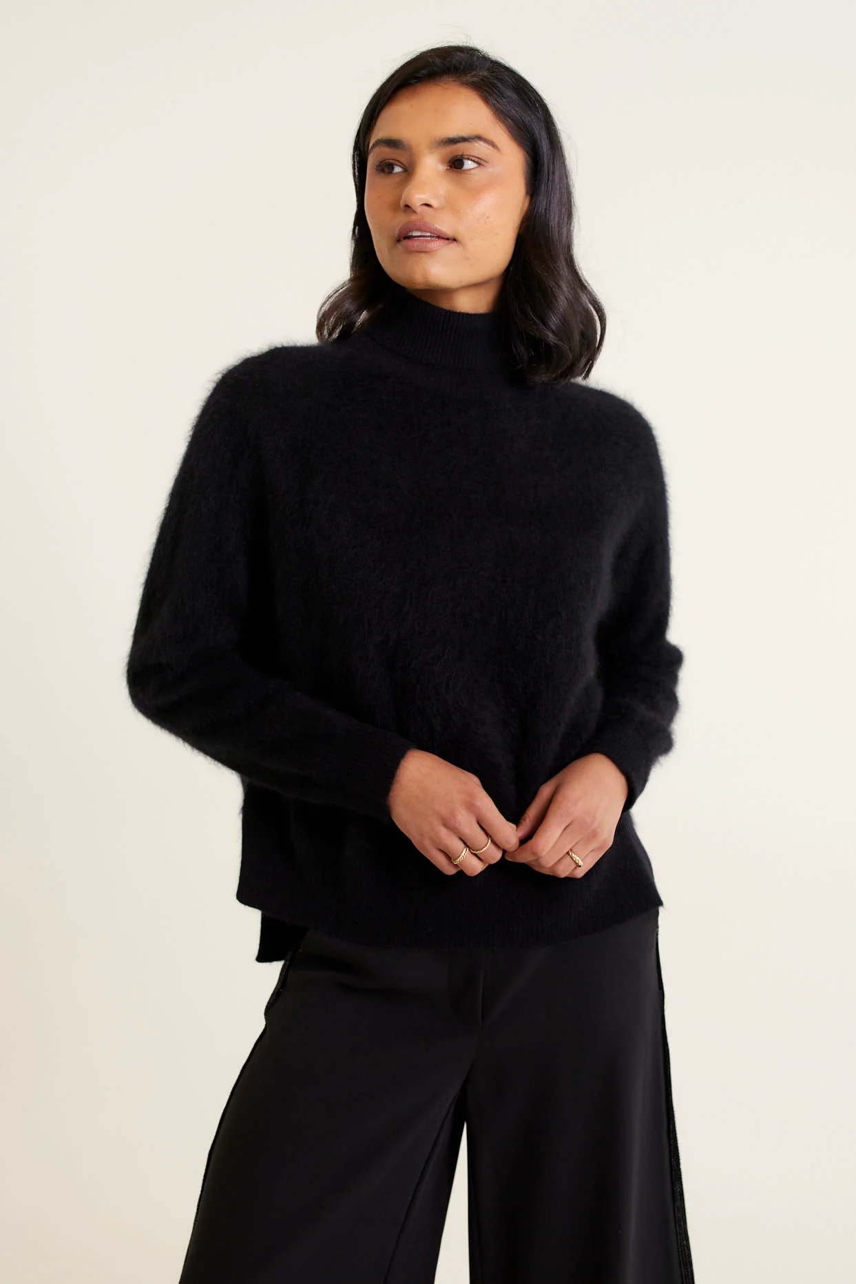 Rose Brushed Cashmere Polo In  Black - Image 2