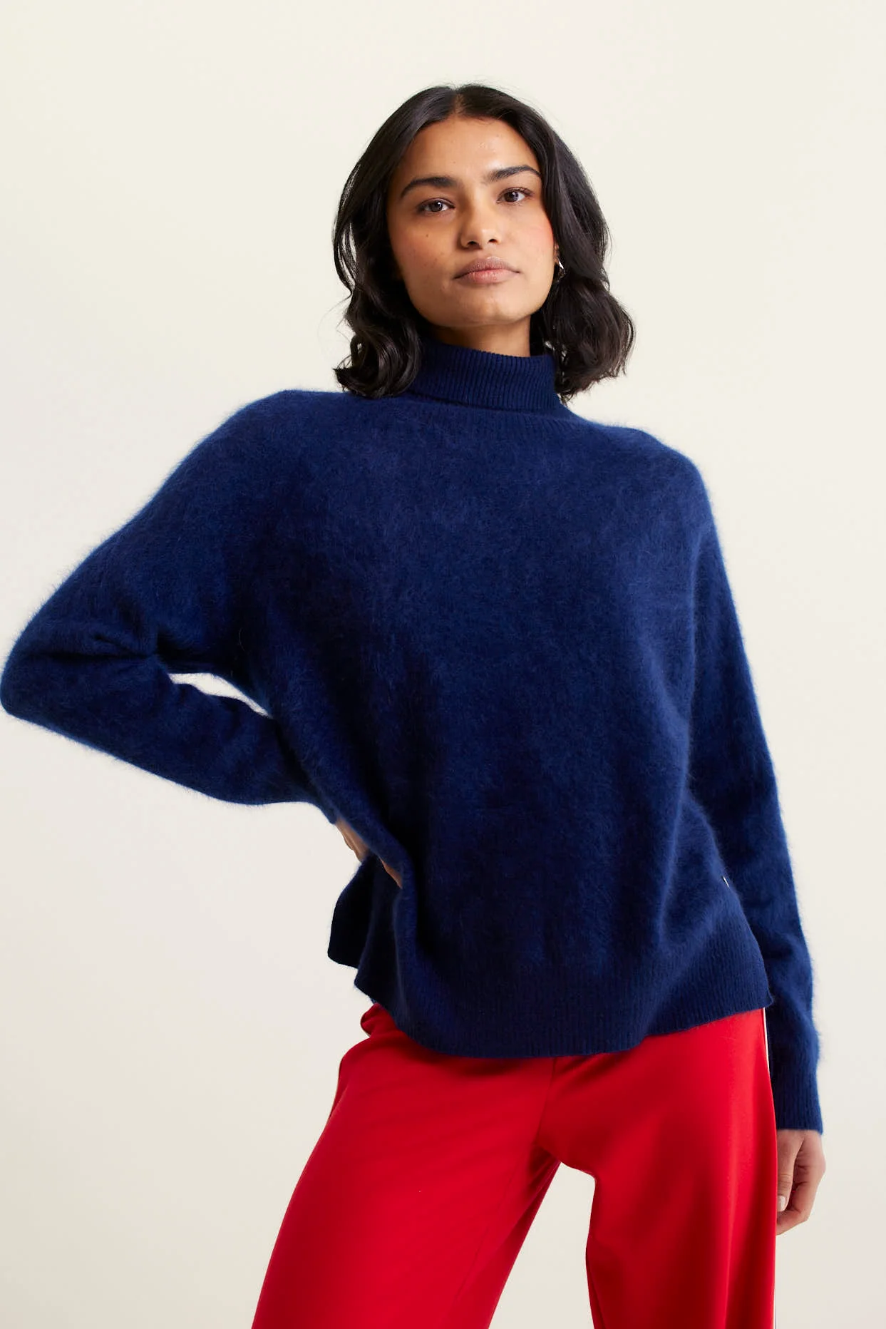 Rose Brushed Cashmere Polo In Navy - Image 3