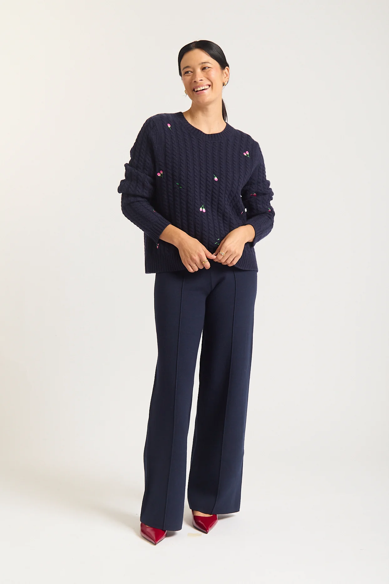Rosette Merino Cashmere Sweater In Navy - Image 3