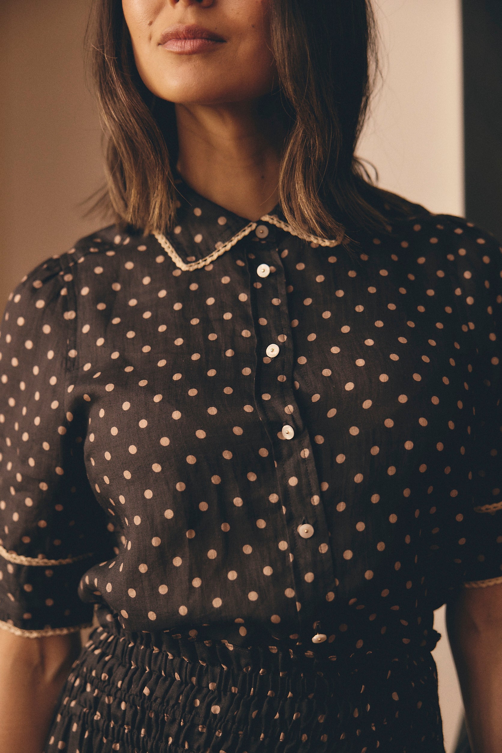 Ruby Ramie Shirt  In Choc/Beige Spot - Image 3