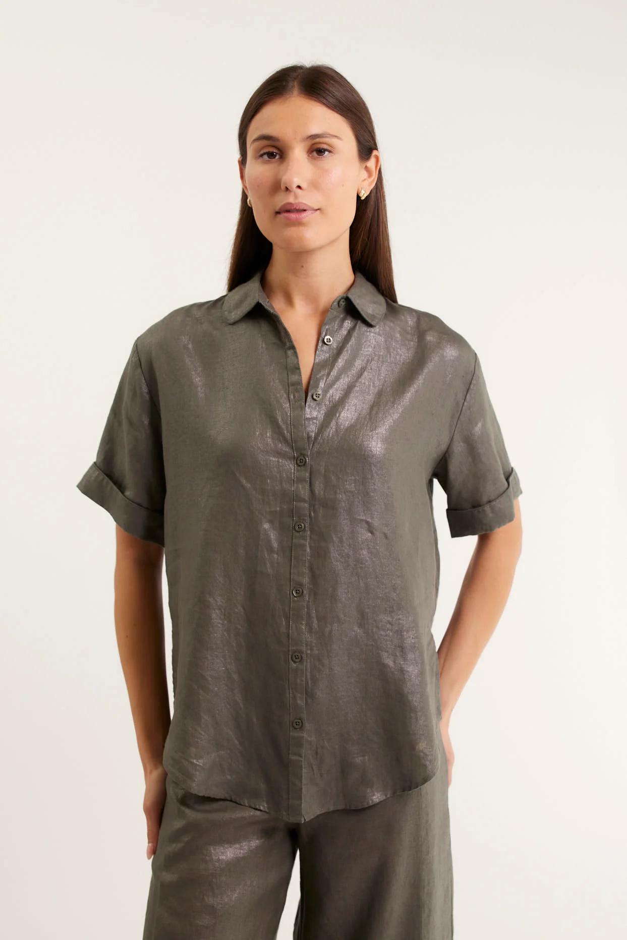 Sasha Lurex Shirt In Khaki - Image 2